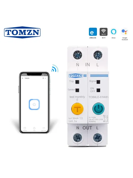 63A Din Rail WIFI Circuit Breaker Smart Switch Remote Control by Ewelink APP for Smart Home 63A with Leakage Protection - TOMZN
