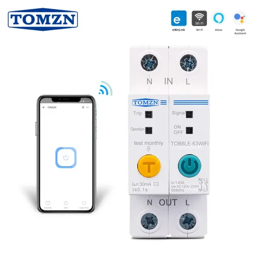 63A Din Rail WIFI Circuit Breaker Smart Switch Remote Control by Ewelink APP for Smart Home 63A with Leakage Protection - TOMZN