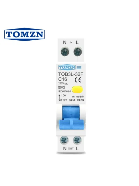 18MM 230V 50/60Hz RCBO 1P+N 6KA Residual current differential automatic Circuit breaker with over current Leakage protection - TOMZN