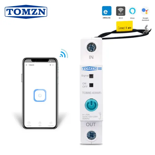 Din Rail WIFI Circuit Breaker Smart Switch Remote Control by Ewelink APP for Smart Home 18mm 63A TOMZN TOB8E-63WIFI - TOMZN