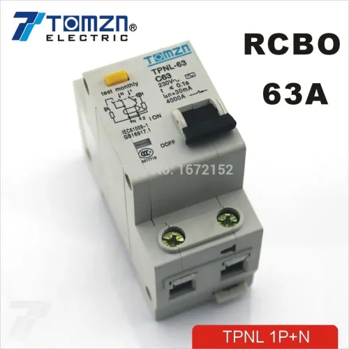 DPNL 1P+N 63A 230V~ 50HZ/60HZ Residual current Circuit breaker with over current and Leakage protection RCBO - TOMZN
