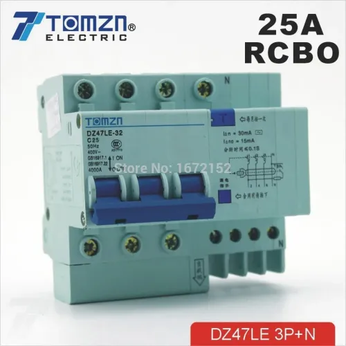 DZ47LE 3P+N 25A 400V~ 50HZ/60HZ Residual current Circuit breaker with over current and Leakage protection RCBO - TOMZN