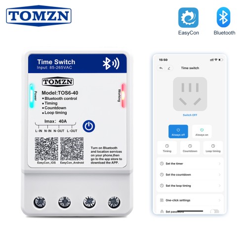 TOMZN 40A Bluetooth Smart Timer Switch AC85-265V 35mm DIN Rail Wall-Mount App Control Countdown Loop Timing Power Relay Switch - TOMZN