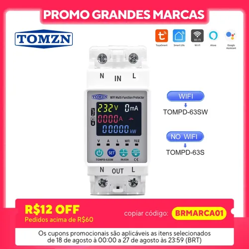 TOMZN 63A 110V 230V WIFI Smart Switch smartlife Kwh Metering Circuit Breaker Timer with voltage current and leakage protection - TOMZN