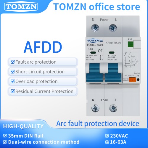 TOMZN Arc Fault Detection Device Residual Current Circuit Breaker with Overcurrent Protection 2P AC230V 10-63A AFDD RCBO 6000A - TOMZN