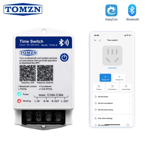 TOMZN Bluetooth Smart Timer Switch 85-265VAC 10A 30A EasyCon Wall-mounted Countdown 28 Groups Timing Loop Timing - TOMZN