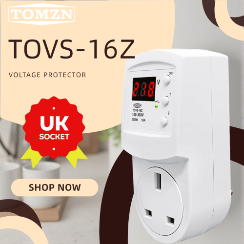 TOMZN British Standard Plug Top Voltage Protector Socket AC230V 16A TOVS-16Z Over and Under Voltage Protection Auto Reconnection - TOMZN