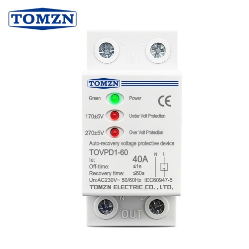 TOMZN DIN Rail 230VAC 40A 3LED Separate Indicator Auto Reconnect Over/Under Voltage Protective Device Protector Protection Relay - TOMZN
