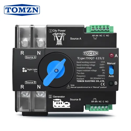 TOMZN Din Rail ATS 110V 120V Dual Power Automatic Transfer Electrical Selector Switch Uninterrupted 2P 63A 100A 125A - TOMZN