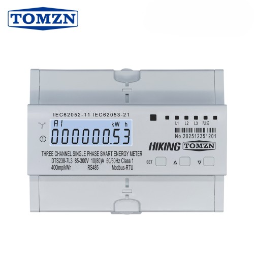 TOMZN Din Rail DTS238-7L3 RS485 Three Circuit Single Phase Energy Meter 80A 85-300V 50/60Hz kWh Watt Hour LCD Modbus-RTU Class1 - TOMZN