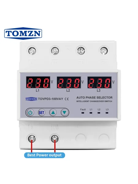 100A 3 phase 3P+N Din rail phase selector Voltmeter with adjustable Over and Under Voltage protection Monitor Relays Protector - TOMZN