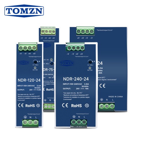 TOMZN DIN Rail NDR-75W 120W 240W 480W AC to DC Switching Power Supply Input AC100-240V Output DC12V 24V Adjustable 50Hz 60Hz - TOMZN