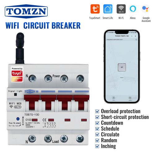 TOMZN DIN Rail TOB7S-100 WIFI Smart MCB 4P 400V~ 50/60Hz Lockable Multifunctional 100A Breaker For Three-phase Power EV Charger - TOMZN