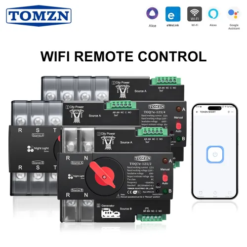 TOMZN eWelink 2P 3P 4P WIFI smart ATS timer 230V Dual Power Automatic Transfer Selector Switch Uninterrupted Remote Control 125A - TOMZN