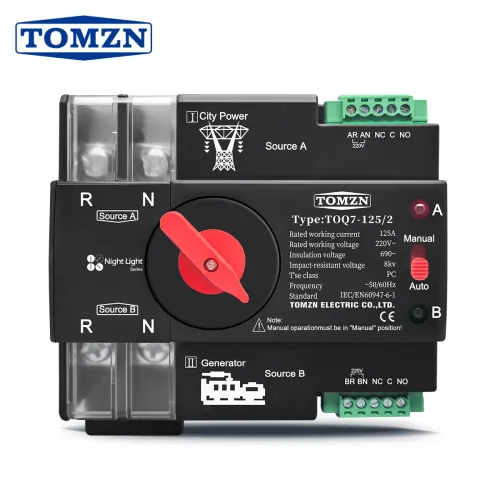 TOMZN Night light series Din Rail ATS 220V 230V Dual Power Automatic Transfer Electrical Selector Switch 2P 63A 100A 125A - TOMZN