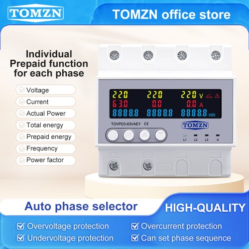 TOMZN Phase Selector Three-phase Separate Prepaid Function 63A 3P+N Adjustable Over Under Voltage Current Protection Monitor - TOMZN