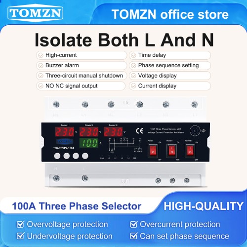 TOMZN TOAPSVP2-100A 100A Three Phase Selector Voltage Current Protection Alarm 3 Input 1 Output Cut Off L N U-I Dispaly NO NC - TOMZN