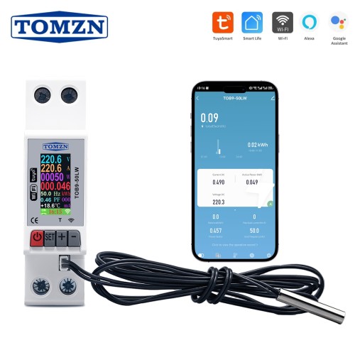 TOMZN TOB9-50LW 1P+N 90-300VAC 1-50A Small Size 12IN1 WIFI Smart Switch Temperature measurement protection OVP OCP UVP OTP - TOMZN