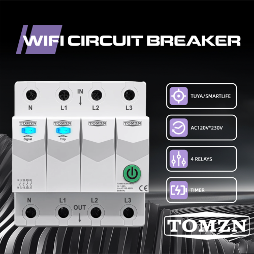 TOMZN TOB9S-63NCWIFI 4P Smart WiFi Circuit Breaker 1-63A 3*120V/230V Cut Off L/N 4 Relays Timer Countdown Relay Status Lock - TOMZN