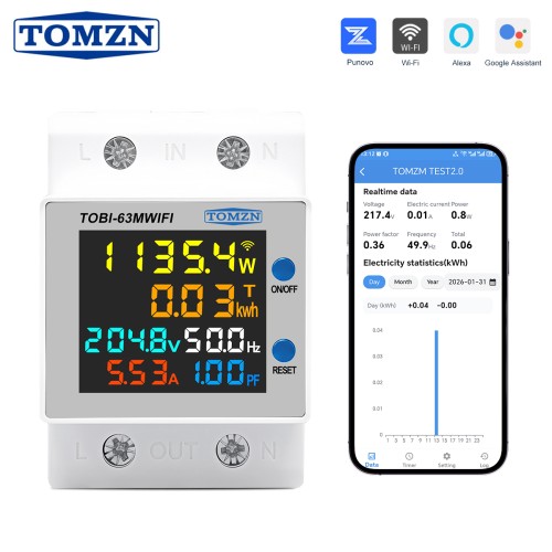TOMZN TOBI-63MWIFI 6IN1 meter WIFI Smart Circuit breaker Voltage Current Power Bidirectional Energy frequency PF 85-265VAC 63A - TOMZN
