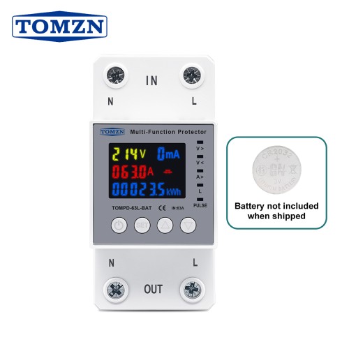 TOMZN TOMPD-63L-BAT Timer Voltage Protector Time Period Over Current Rate Limiting Prepayment Memory Cut off L N 9IN1 Meter - TOMZN
