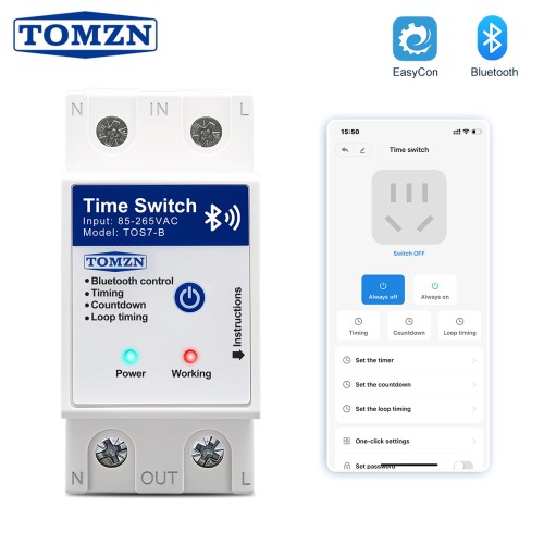 TOMZN TOS7-B Bluetooth Control Timer Switch 85-265VAC 40A 63A EasyCon 35mm DIN Rail Countdown 28 Groups Timing Loop Timing - TOMZN