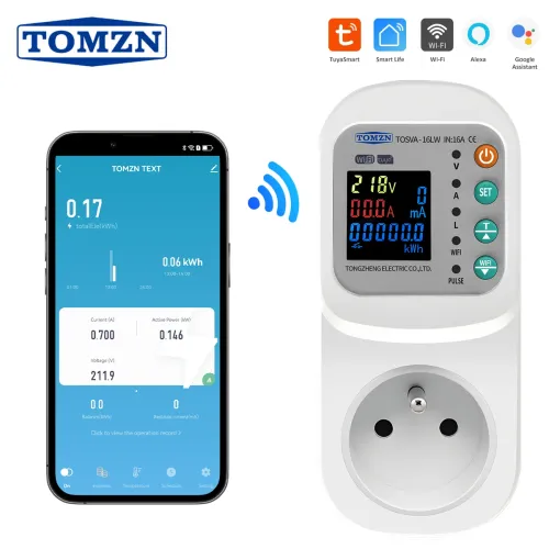 TOMZN TOSVA-16LW France WIFI TUYA voltage current leakage Socket AC 110V 220V Adjustable 1-16A Power with PE metering timer - TOMZN