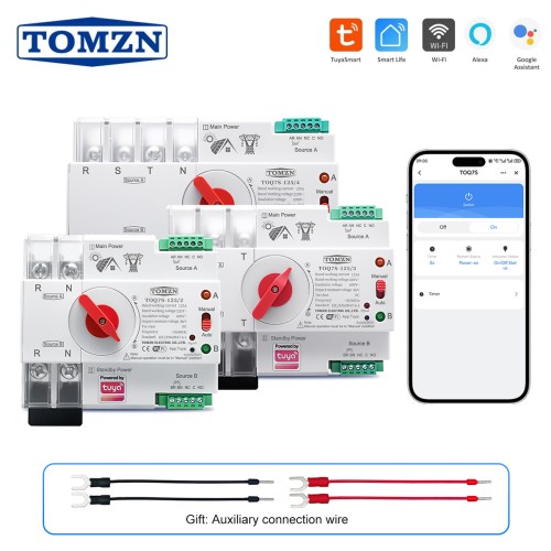 TOMZN TUYA SmartLife WIFI Smart ATS Dual Power Automatic Transfer Selector Switch Uninterrupted 2P 3P 4P 230V 63A 100A 125A - TOMZN