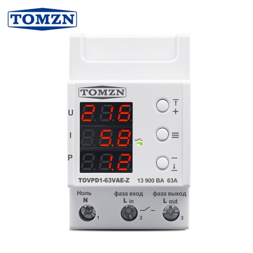 TOMZN Voltage Protector AC230V 63A Adjustable Over Under Voltage Protective Overload Protection OCP Auto Reconnect U-I-P Display - TOMZN