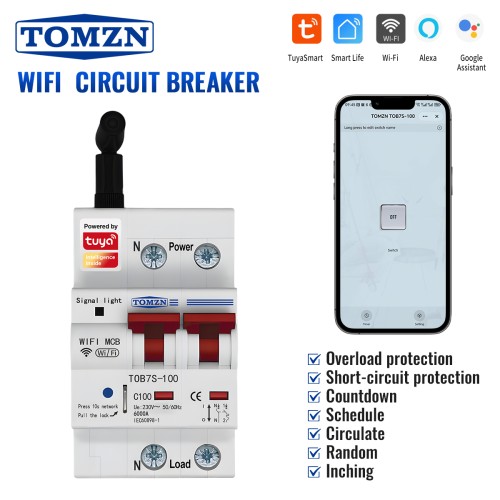 TOMZN WIFI Smart Circuit Breaker 2P 230V AC 1-100A Overload Protection Short-circuit Breaker Timer Switch Din Rail Smartlife - TOMZN