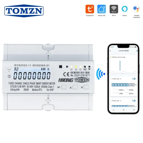 TOMZN WIFI Three Circuit Single Phase Energy Meter DTS238-7L3W 10(80)A 85-300V 50/60Hz kWh Watt Hour LCD RS485 Modbus-RTU Class1 - TOMZN