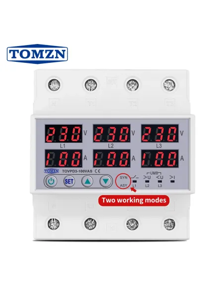 3 Phase 100A Din rail adjustable Over Under Voltage current limit protection Relay Protector SYN ASYNC Synchronous Asynchronous - TOMZN